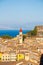 Panoramic view the city of Corfu and the bell tower of the Saint Spyridon Church from the New Fortress. Greece.