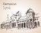 Panoramic view of city Damaskus, Umayyad Mosque, Syria. Sketch.