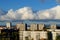 Panoramic view of the city in the early autumn morning from the height of the 14th floor of a residential building.