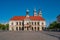 Panoramic view at City Hall Rathaus, Golden Equestrian statue of Magdeburger Reiter and Alter Markt Square in Magdeburg at blue