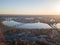 Panoramic view of the city of Kiev and bridges and the Dnieper river at sunset