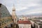 Panoramic view of city, roofs of houses from St. Stephen`s Cathedral. Famous ornately patterned, multi colored roof and north