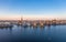 Panoramic view of the city of rostock - aerial view over the river warnow, skyline during sunrise in the morning