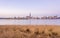 Panoramic view of the city of rostock - aerial view over the river warnow, skyline during sunrise in the morning