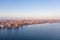 Panoramic view of the city of rostock - aerial view over the river warnow, skyline during sunrise in the morning