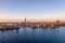 Panoramic view of the city of rostock - aerial view over the river warnow, skyline during sunrise in the morning