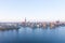 Panoramic view of the city of rostock - aerial view over the river warnow, skyline during sunrise in the morning