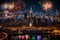 A panoramic view of a city\\\'s iconic skyline aglow with New Year\\\'s fireworks, reflecting on a serene river below