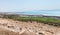 Panoramic  view of the coast of Dead Sea and the Judean Desert in the Dead Sea region in Israel