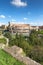 Panoramic view of the Colosseum from Palatin Hill with blue sky