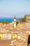 Panoramic view of Corfu city and the bell tower of the Saint Spyridon Church from the New Fortress. Corfu, Greece.