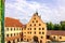 Panoramic view of courtyard of medieval Trausnitz castle, Landshut, Bavaria, Germany