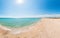 Panoramic view of the crystal clear azure sea and white sandy beach. beautiful travel landscape, hot sun, dream tropical nature