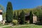 Panoramic view with Cypresses and church in Temski monastery St. George, Republic of Serbia