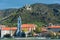 Panoramic view of Danube river and town of Durnstein
