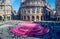 Panoramic view of De Ferrari square in Genoa, the heart of the city with the central fountain, Itsly.