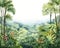 panoramic view of a dense forest with palms and lianas.