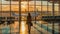 A panoramic view of a determined businesswoman at the airport terminal, with a suitcase in hand, reflects the anticipation of an