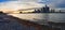 Panoramic view of Detroit city skyline at sunset from the Canadian side