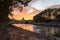 Panoramic View of the Dome of the Basilic of Saint Peter in Rome beside the Bridge on the Tevere River in Rome at Sunset