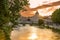 Panoramic View of the Dome of the Basilic of Saint Peter in Rome beside the Bridge on the Tevere River in Rome at Sunset