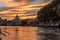 Panoramic View of the Dome of the Basilic of Saint Peter in Rome beside the Bridge on the Tevere River in Rome at Sunset