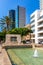 Panoramic view of downtown Lev HaIr district with Founders Monument and Fountain at Sderot Rothschild and Nahalat Binyamin