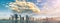 Panoramic view of Downtown Manhattan buildings and skyscapers. View from Brooklyn Bridge Park, New York City, USA