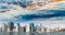 Panoramic view of Downtown Manhattan buildings and skyscapers. View from Brooklyn Bridge Park, New York City, USA