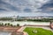 Panoramic view with dramatic sky over Bratislava skyline and river Danube.