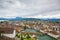 Panoramic view from drone of the Lucerne town. River and old town in background
