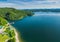 Panoramic view from the drone during sunset, on the Solina Lake over the Solina water dam,