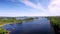 Panoramic view Drone takes off over a beautiful lake in the wilderness of Sweden.