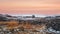 Panoramic view drop-off of tourists by car. Icy slippery Arctic road through the tundra