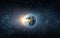 Panoramic view of the Earth, sun, star and galaxy. Sunrise over planet Earth, view from space. Elements of this image furnished by