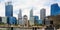 Panoramic view of Elizabeth Quay with Perth city center, skyscrapers and modern sculpture called Spanda