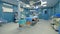 Panoramic view of an empty hospital emergency room with medical equipment.