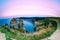 Panoramic view of Etretat skyline at sunset