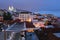 Panoramic view of evening Alfama in twilight. Monastery of Sao Vicente de Fora, Church of Saint Stephen and National Pantheon,