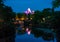Panoramic view of Expedition Everest mountain, river and rainforest on blue night background in Animal Kingdom  2