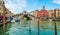 Panoramic view of famous Canal Grande with famous Rialto Bridge in Venice, Italy