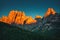 Panoramic view of famous Dolomites mountain peaks glowing in beautiful golden morning light at sunrise in autumn, South Tyrol, It