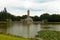 Panoramic view of the famous monumental hunting castle Jachthuis Sint-Hubertus in national park De Hoge Veluwe