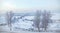 Panoramic view from the Fedorovsky embankment on Kanavinsky bridge and Strelka in Nizhny Novgorod city. In wintertime