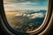 Panoramic view of fields and clouds from airplane window