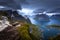 Panoramic view of the fishing town of Reine from the top of the Reinebringen viewpoint in the Lofoten Islands, Norway