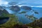 Panoramic view of the fishing town of Reine from the top of the Reinebringen viewpoint in the Lofoten Islands, Norway