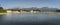 Panoramic view of the fishing village of Ribadesella at sunset.