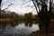 Panoramic view of the forest lake on an autumn day.