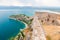 Panoramic view the fortress of Palamidi, scenery of Bourtzi castle at Nafplio town Greece